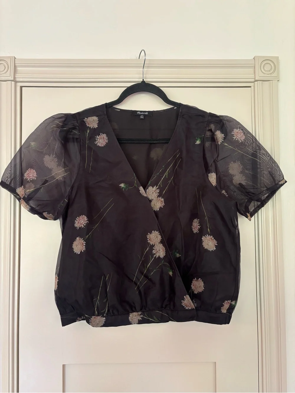 Madewell 100% Silk Organza Puff-Sleeve Floral Wrap Top Sheer Size M